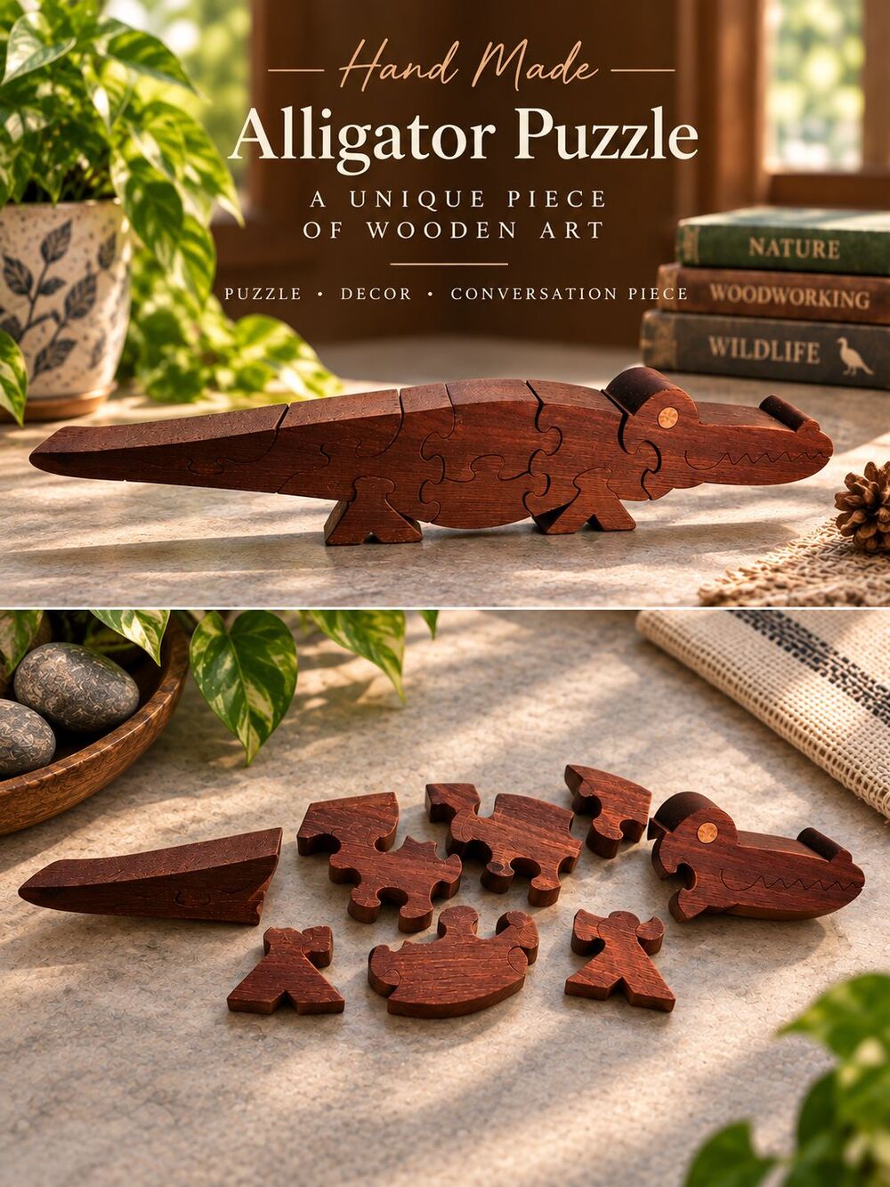 Handmade Wooden Alligator Puzzle Folk Art Crocodile 15" Wood Sculpture Signed